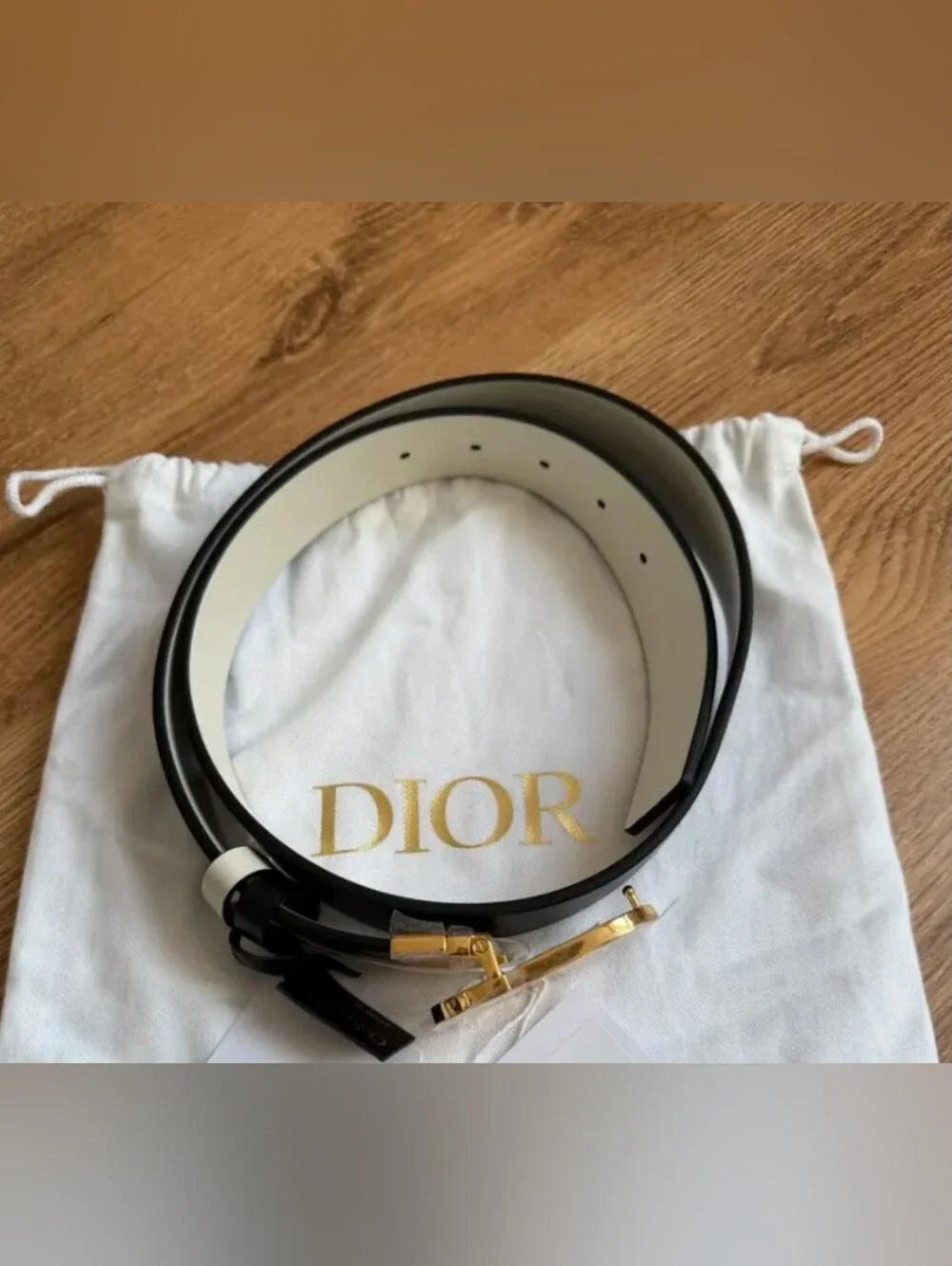 Dior Black and White Leather Men's Belt with Gold Buckle